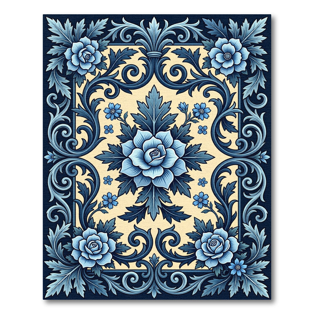 Blue Damask Floral Scroll Area Rug