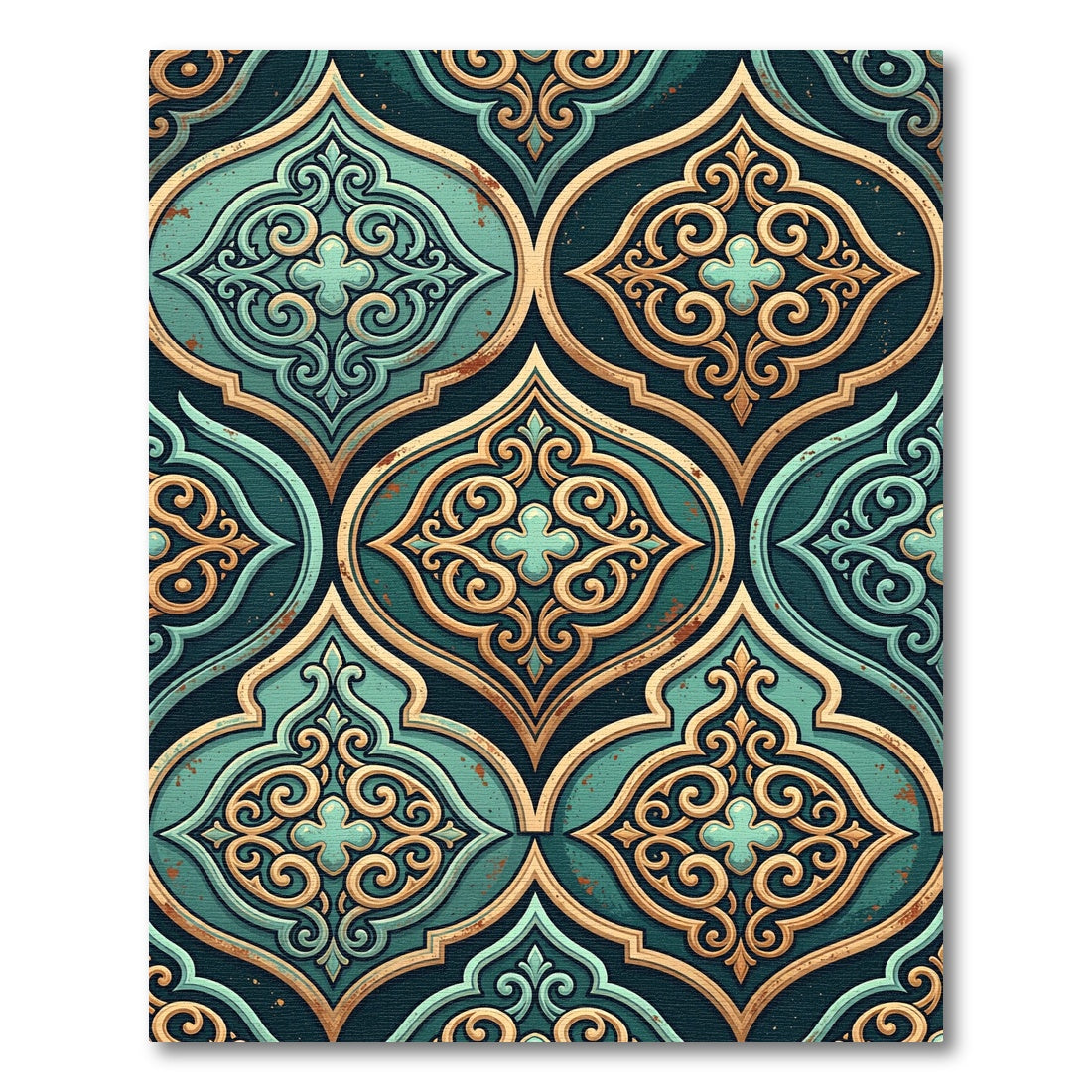Ornate Teal Gold Arabesque Tile Rug