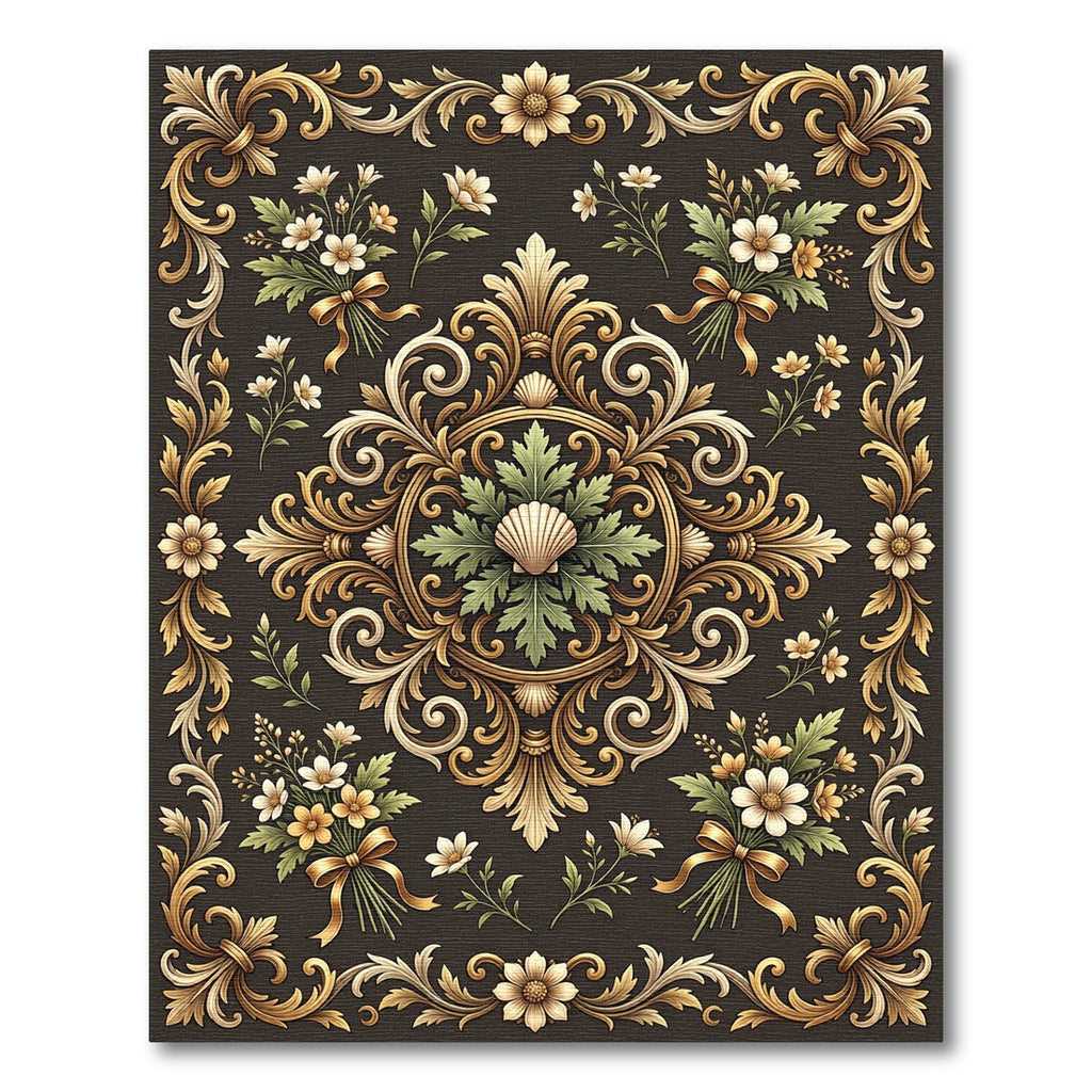 Ornate Gold Floral Acanthus Scroll Rug