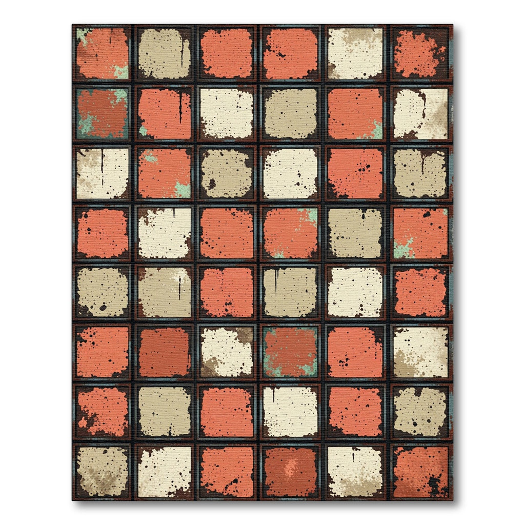 Distressed Terracotta and Cream Grid Rug