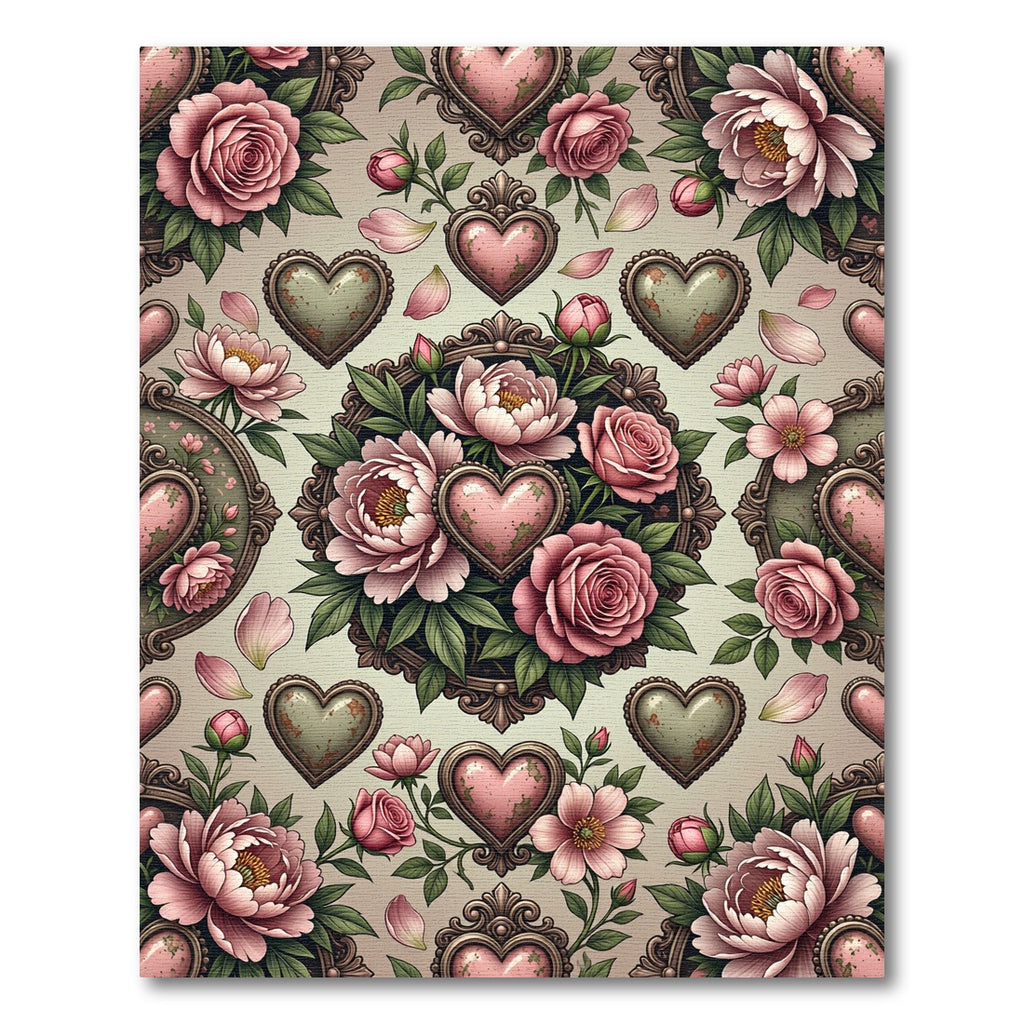Vintage Rose Pink Heart Floral Medallion Rug