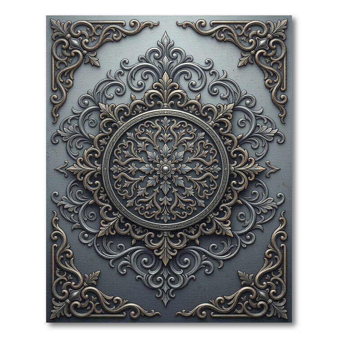 Sophisticated Gray and Gold Ornate Medallion Rug