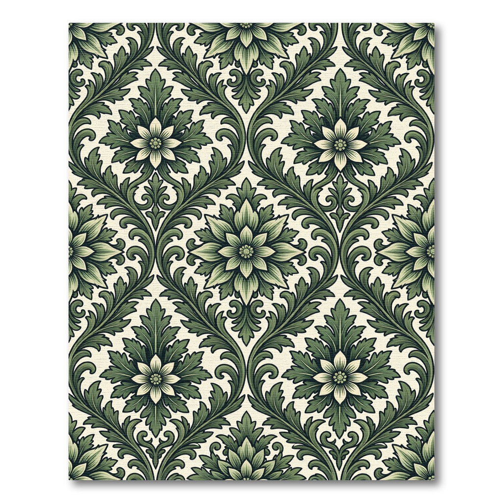 Elegant Sage Green Damask Floral Scroll Rug