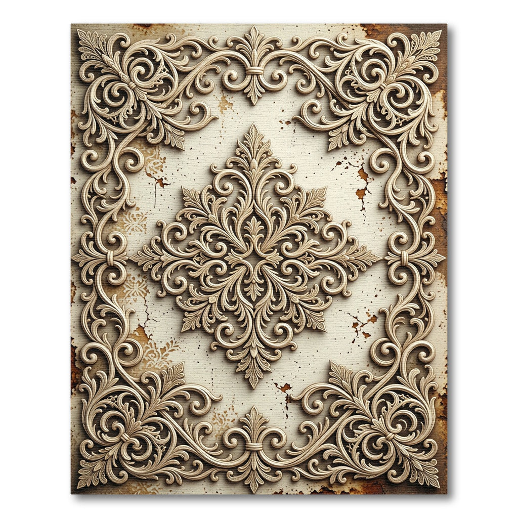 Ornate Ivory Filigree Damask Scroll Rug