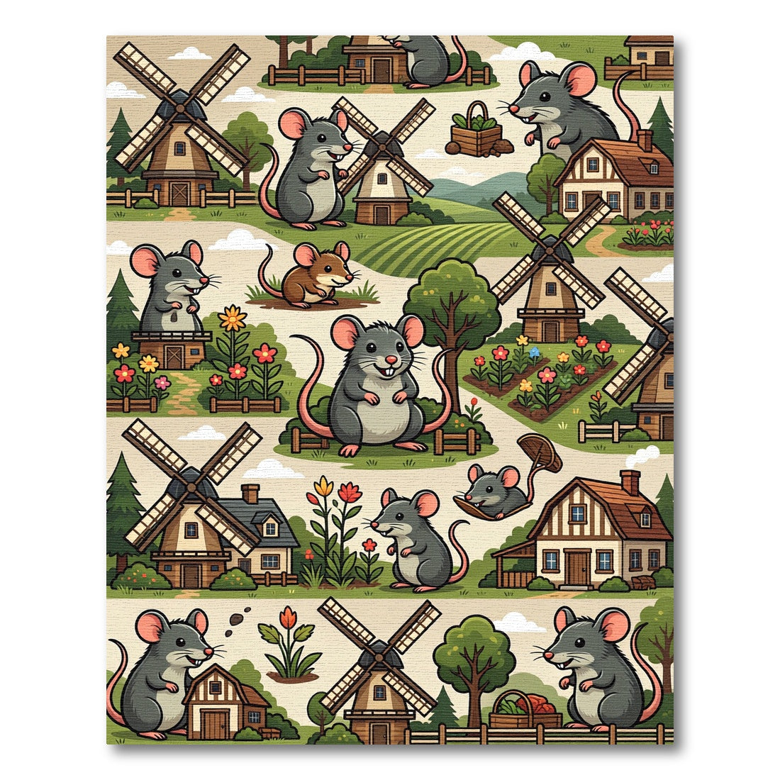 Whimsical Farmhouse Mouse and Windmill Illustration Rug
