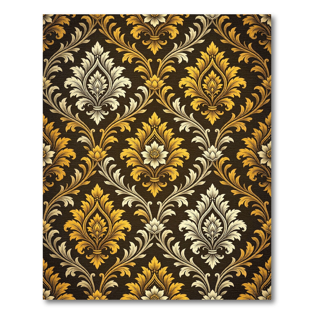 Ornate Golden Damask Floral Dark Luxury Rug