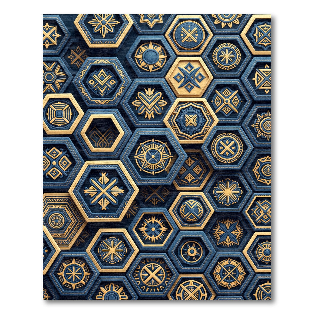 Navy Gold Geometric Hexagonal Medallion Rug