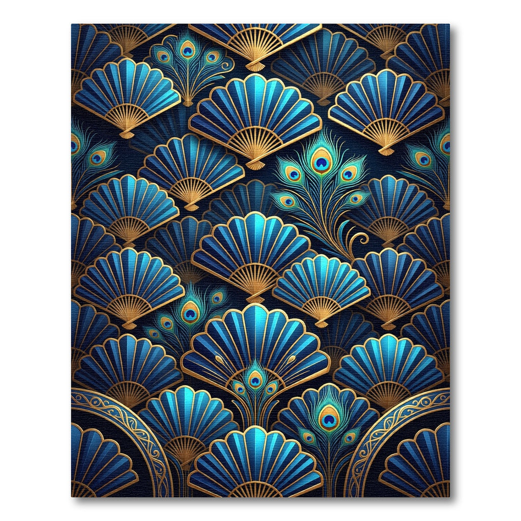 Blue Gold Peacock Feather Fan Rug