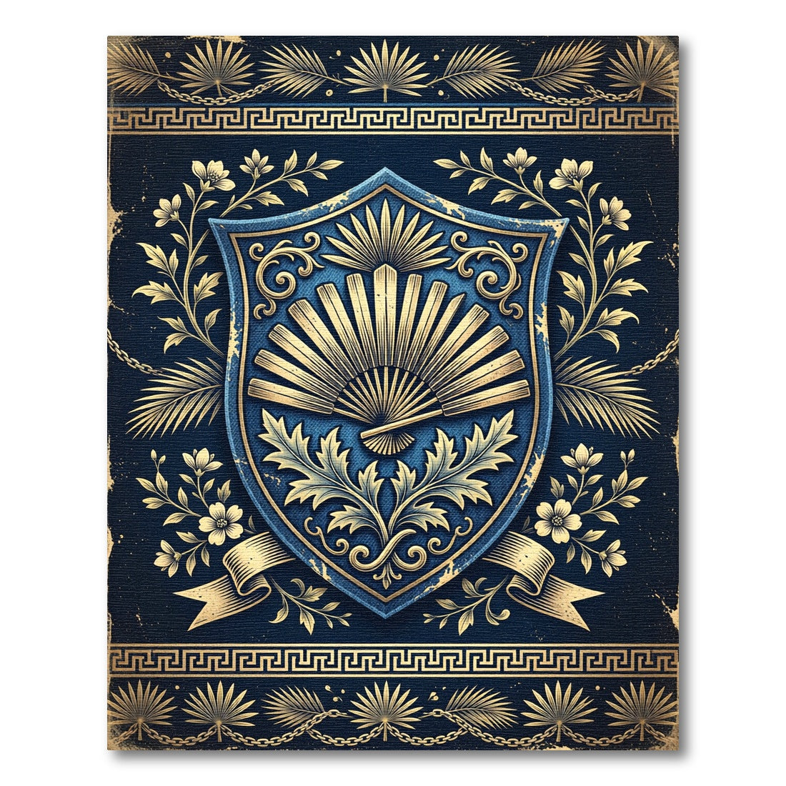 Elegant Navy Golden Fan Crest Rug