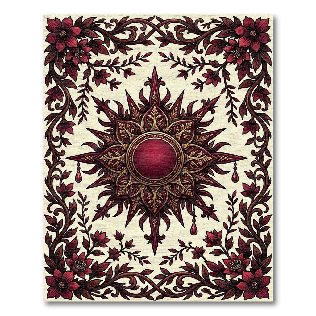Ornate Crimson Floral Sun Medallion Rug