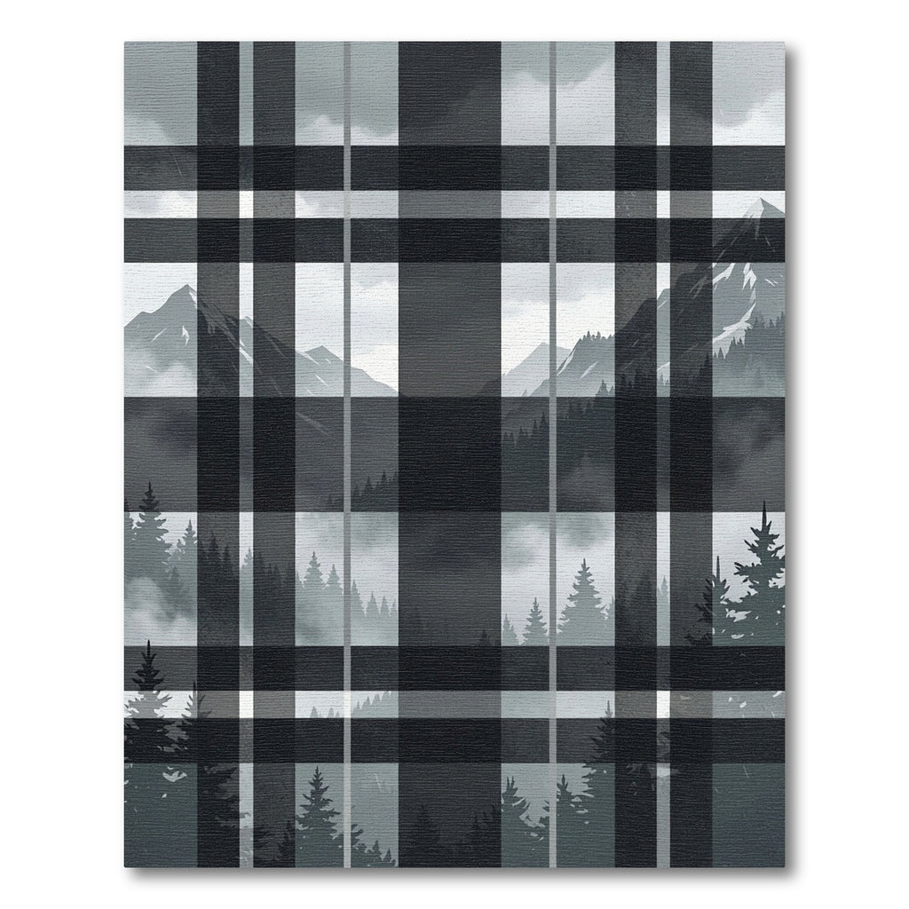 Monochrome Plaid Mountain Forest Landscape Rug
