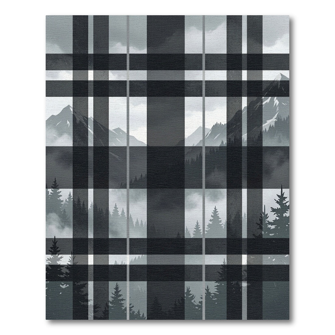 Monochrome Plaid Mountain Forest Landscape Rug