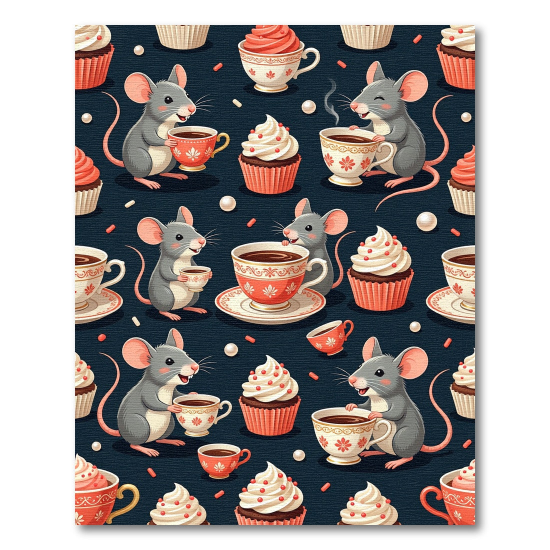 Whimsical Gray Mouse Tea Cup Treats Rug