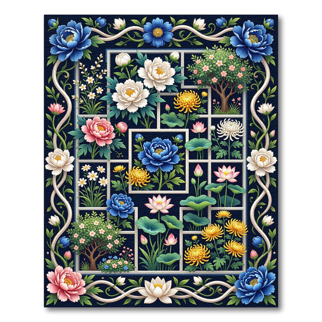 Lush Navy Botanical Grid Floral Art Rug
