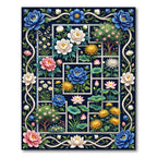 Lush Navy Botanical Grid Floral Art Rug