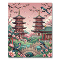 Pink Cherry Blossom Pagoda Birds Bridge Rug