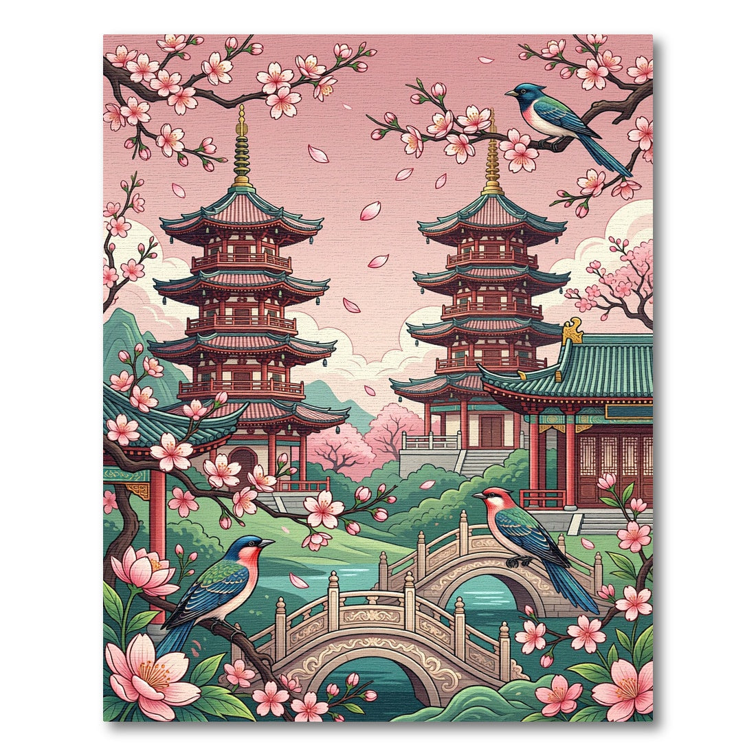 Pink Cherry Blossom Pagoda Birds Bridge Rug
