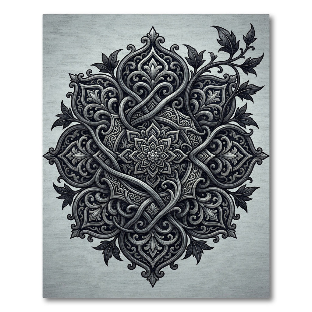 Elegant Monochrome Intricate Scroll Medallion Rug