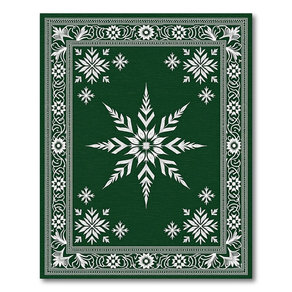 Deep Green Snowflakes Floral Border Rug