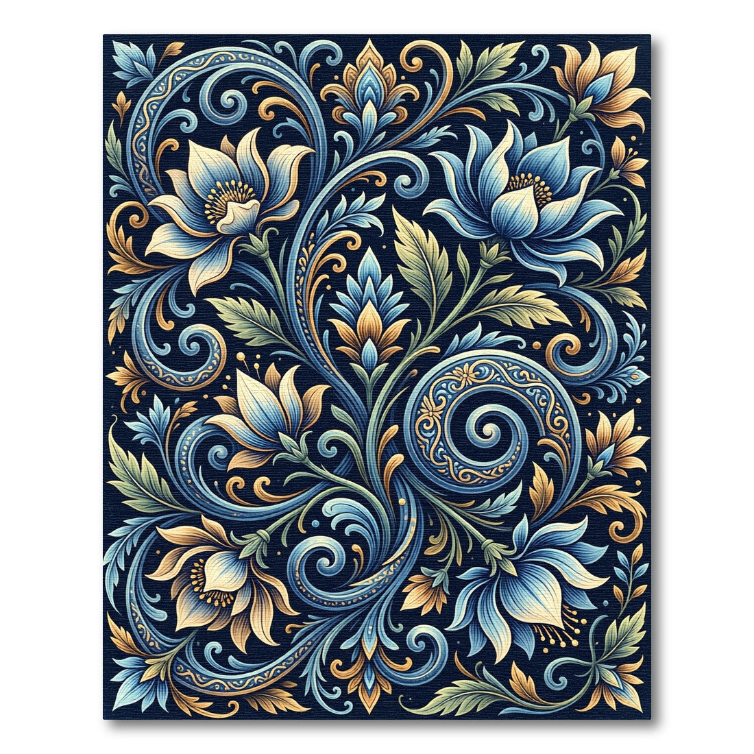 Elegant Navy and Gold Floral Swirl Rug