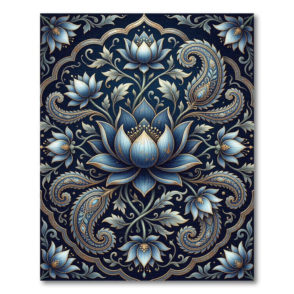 Navy Blue Lotus Floral Paisley Art Rug