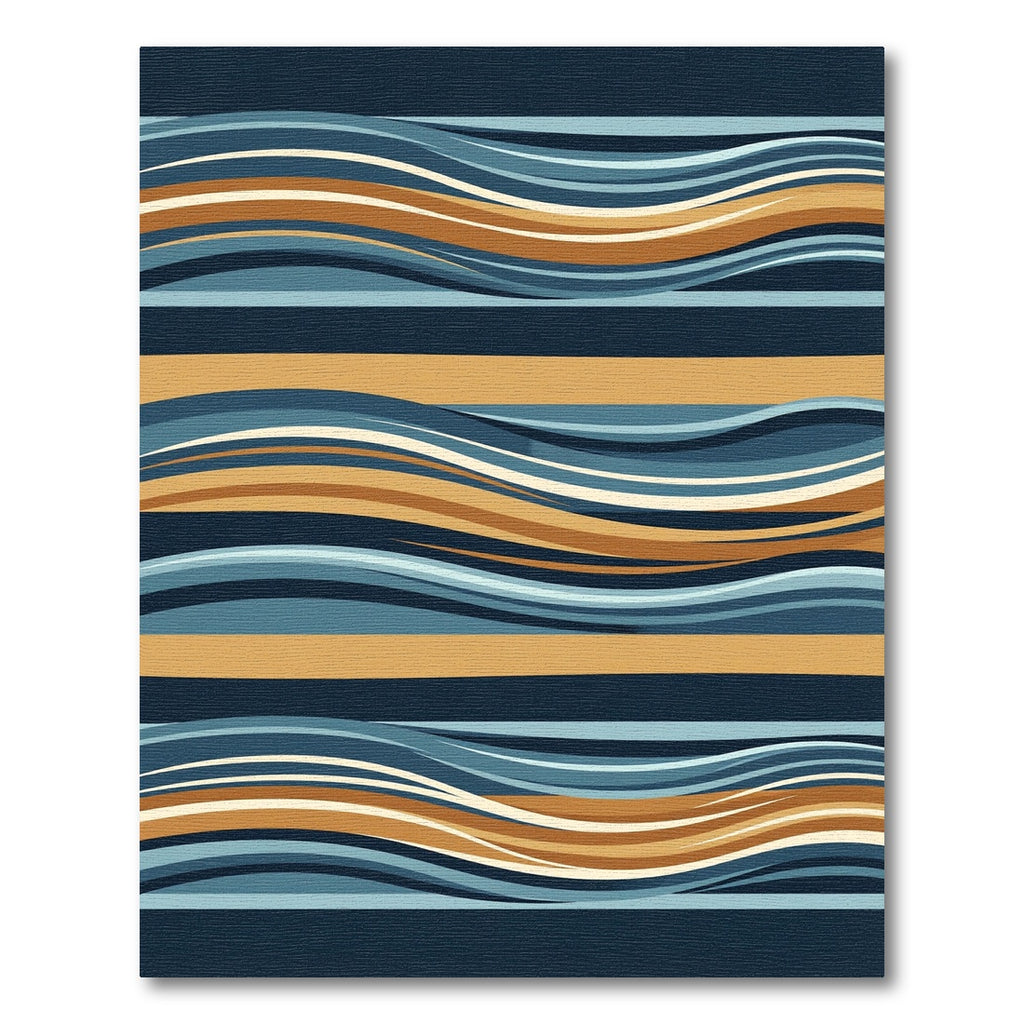 Modern Wavy Blue and Ochre Stripe Rug