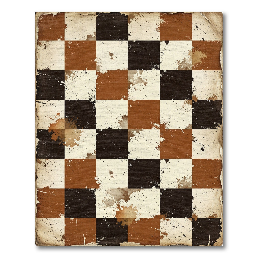 Distressed Brown and Cream Checkered Tile Rug