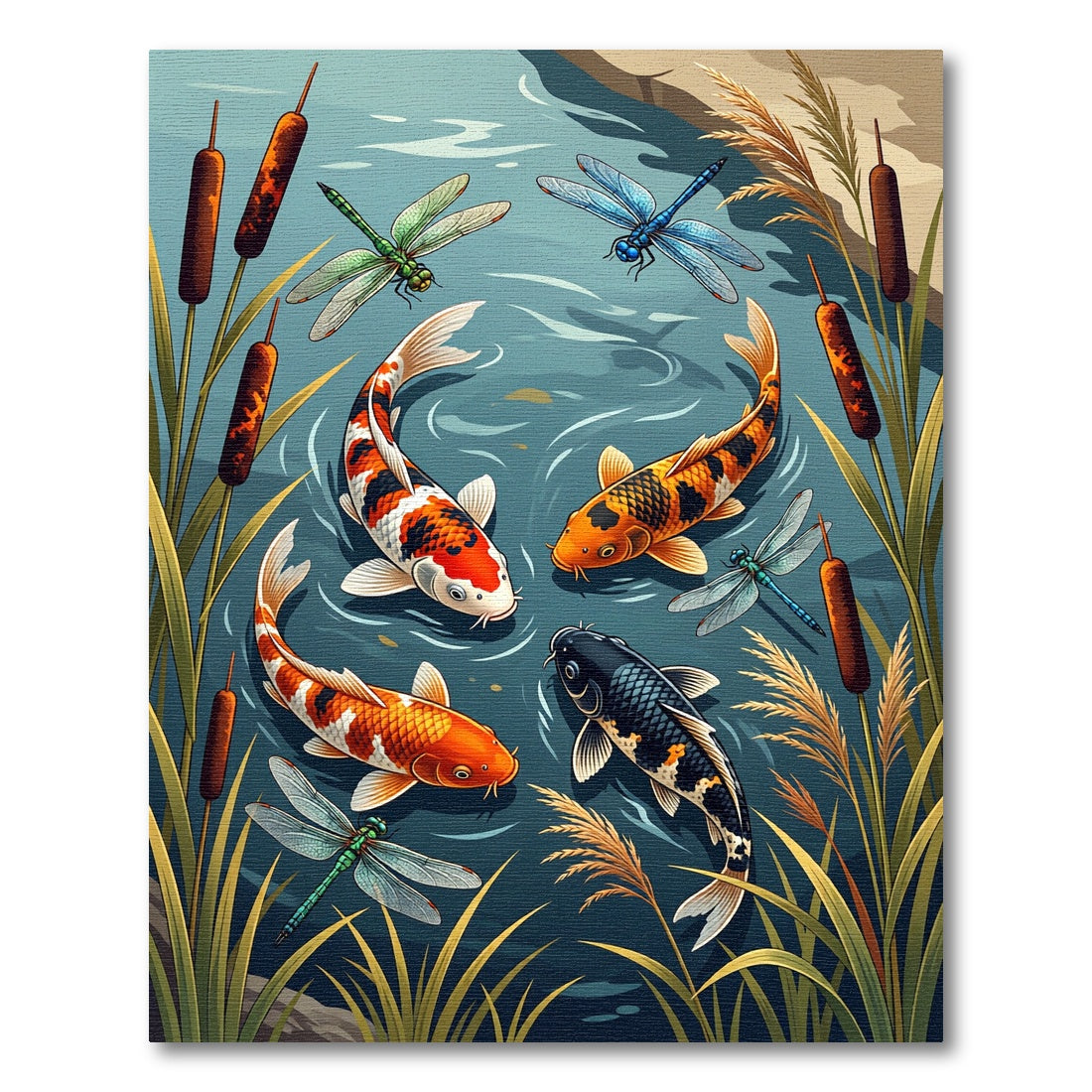 Vibrant Koi Pond and Dragonfly Scene Rug