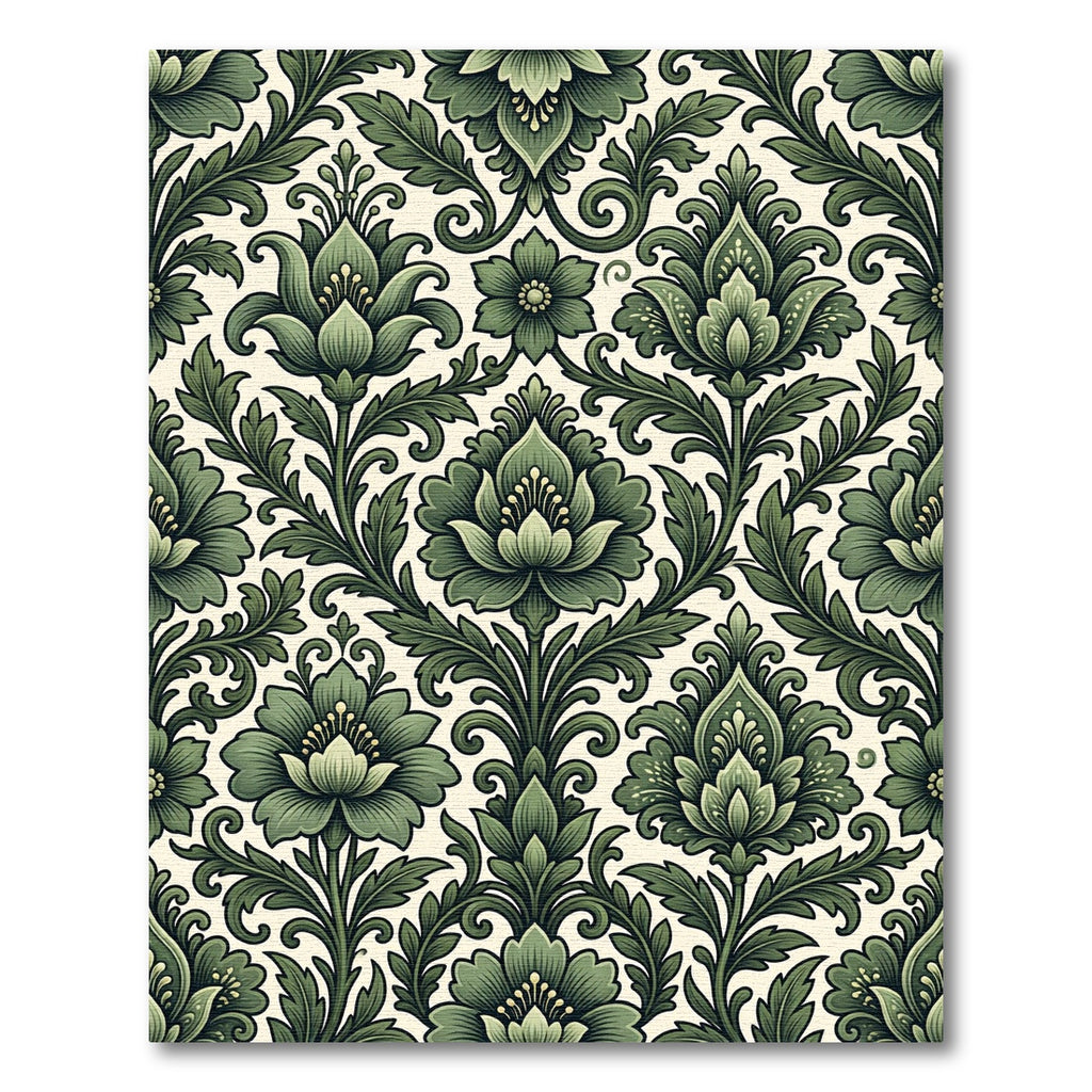 Elegant Sage Green Damask Floral Scroll Rug