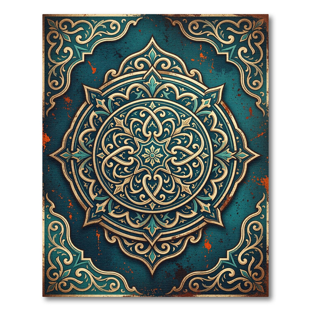 Ornate Teal Gold Medallion Mandala Rug