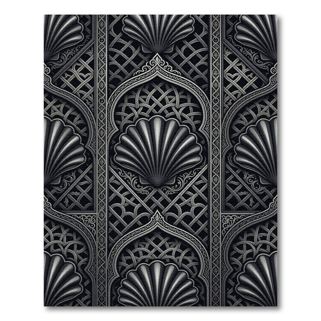 Monochrome Ornate Shell Lattice Arch Rug