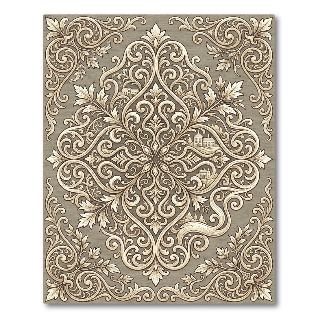 Ornate Beige Acanthus Scroll Landscape Rug
