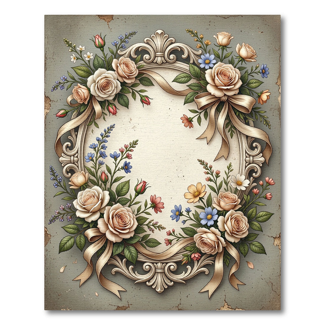 Elegant Beige Rose Ribbon Frame Rug
