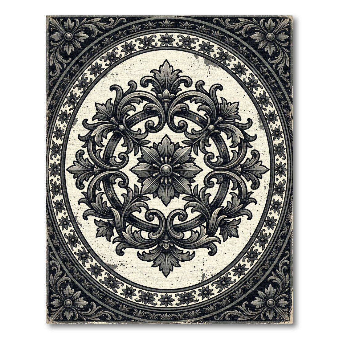 Ornate Damask Charcoal Floral Medallion Rug