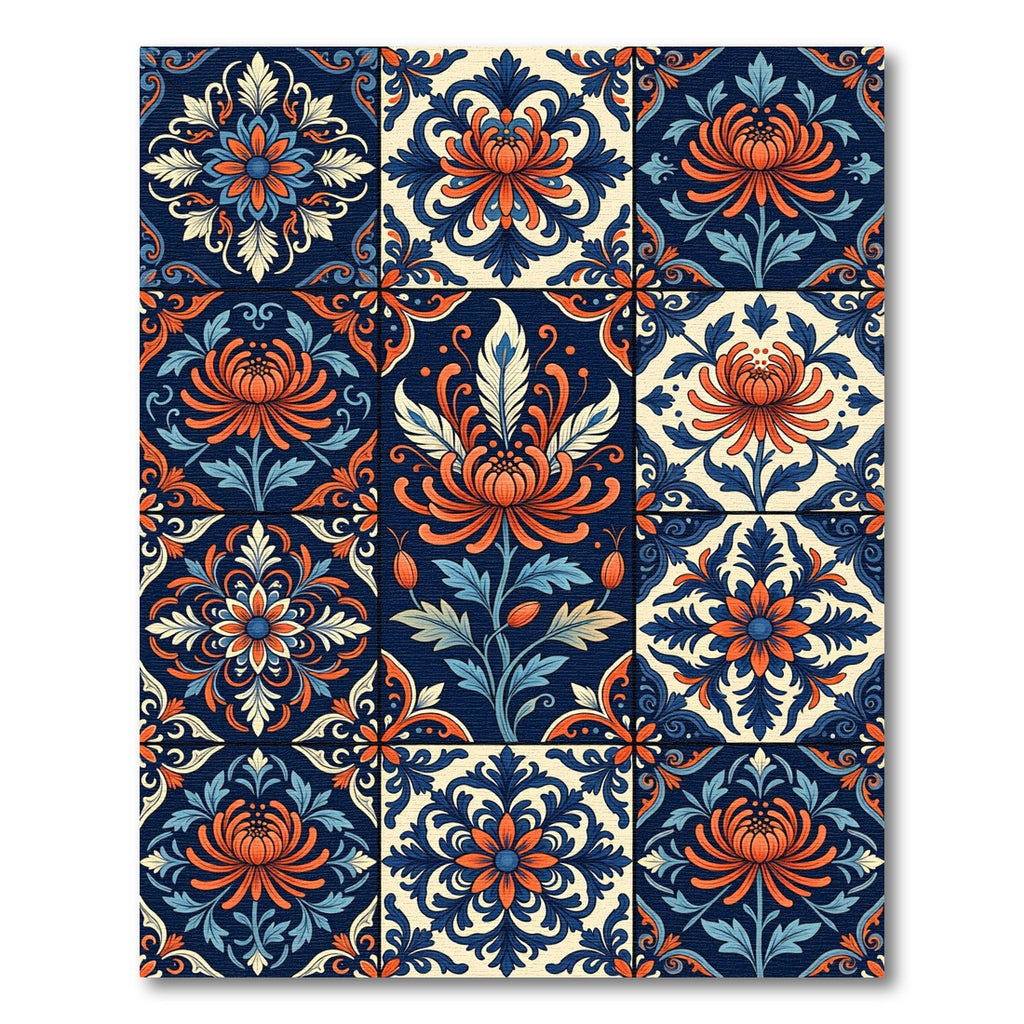 Ornate Navy and Orange Chrysanthemum Tile Rug