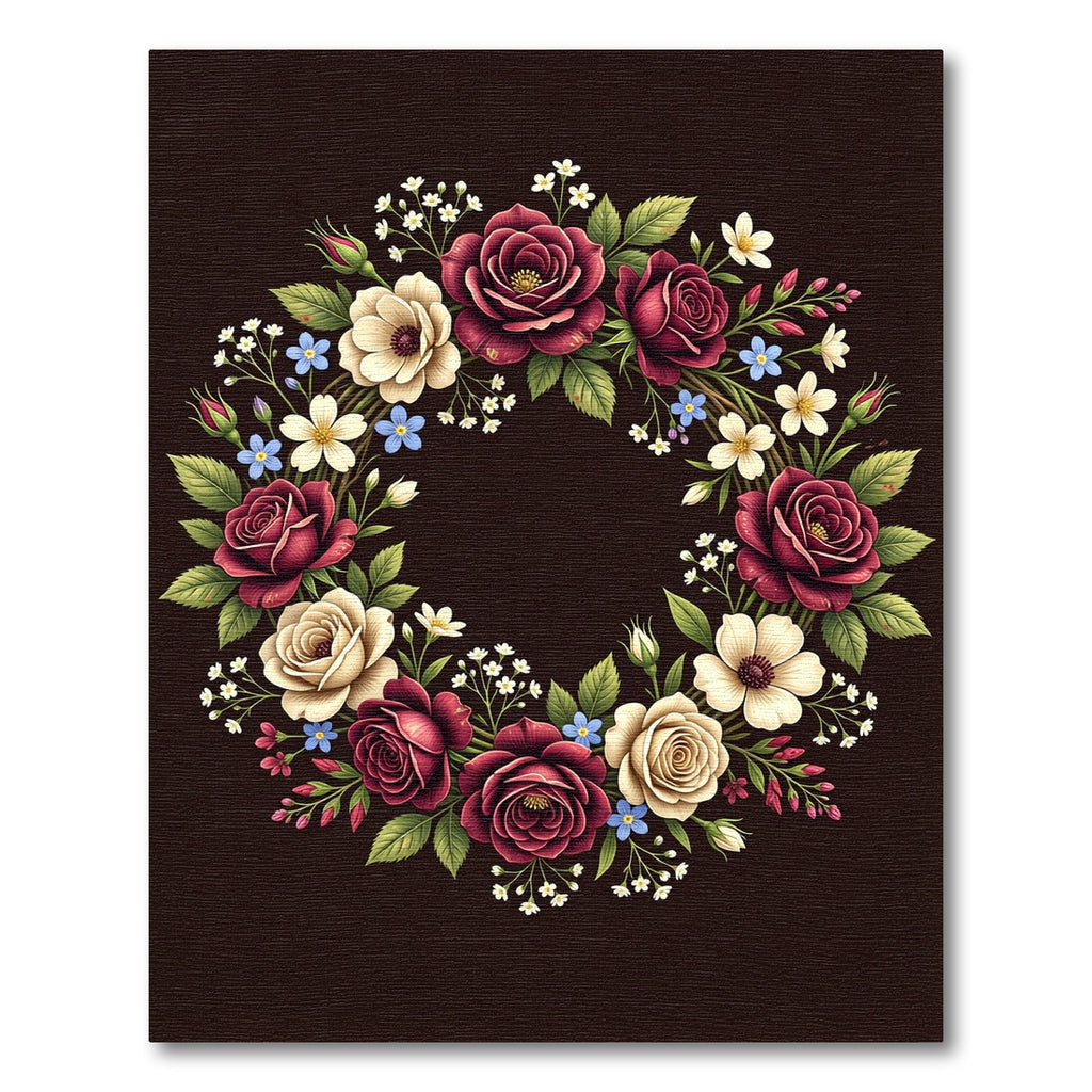 Deep Crimson Rose Floral Wreath Rug