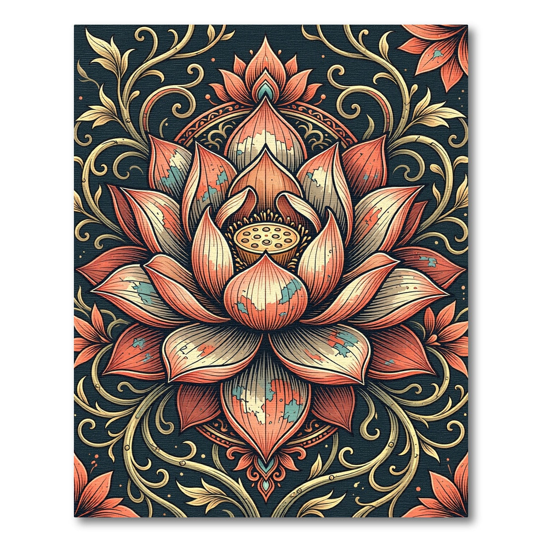 Ornate Coral Lotus Floral Medallion Rug