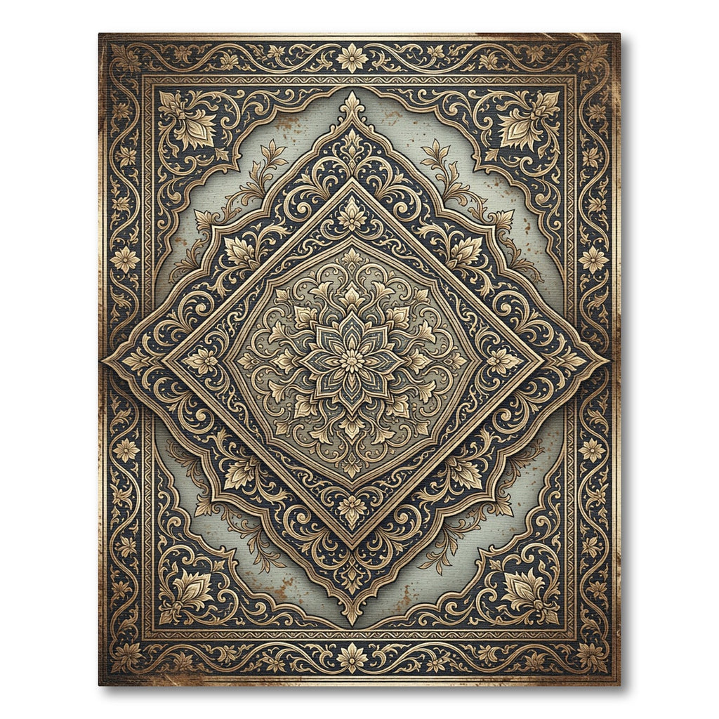 Ornate Gold Navy Filigree Medallion Rug