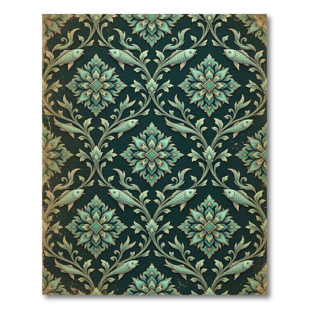 Teal Botanical Fish Damask Flourish Rug