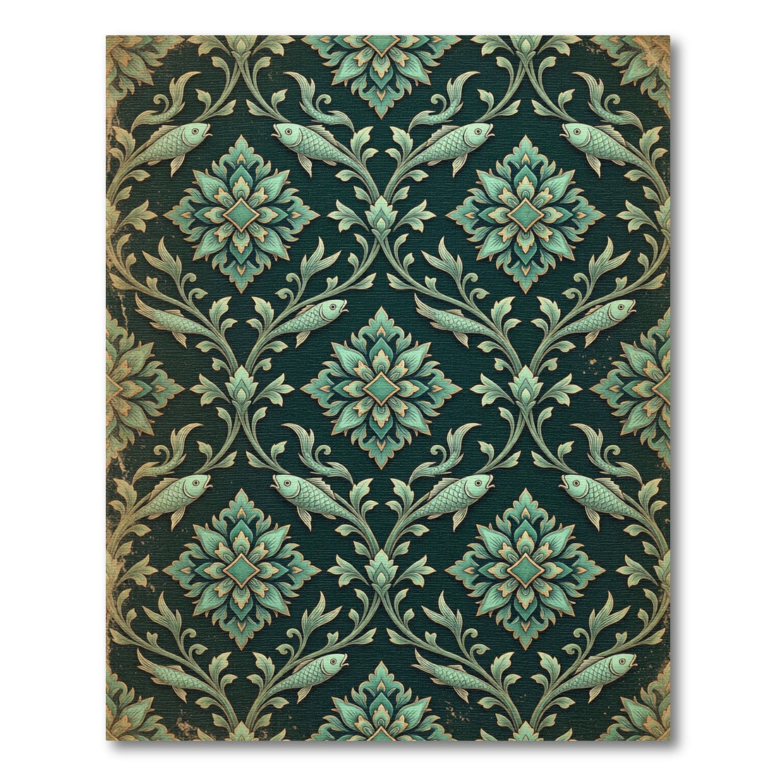 Teal Botanical Fish Damask Flourish Rug