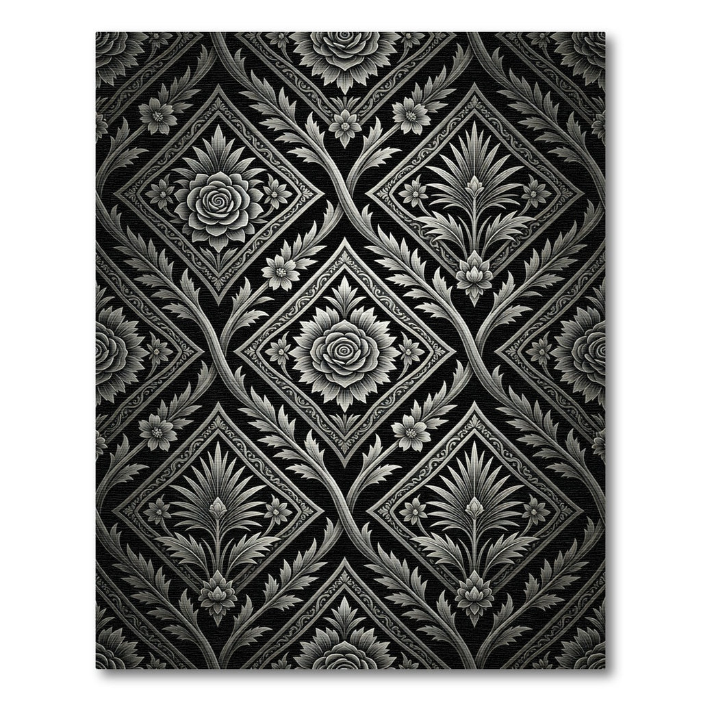 Classic Black White Floral Diamond Rug