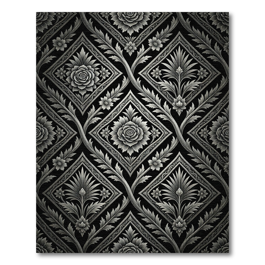 Classic Black White Floral Diamond Rug