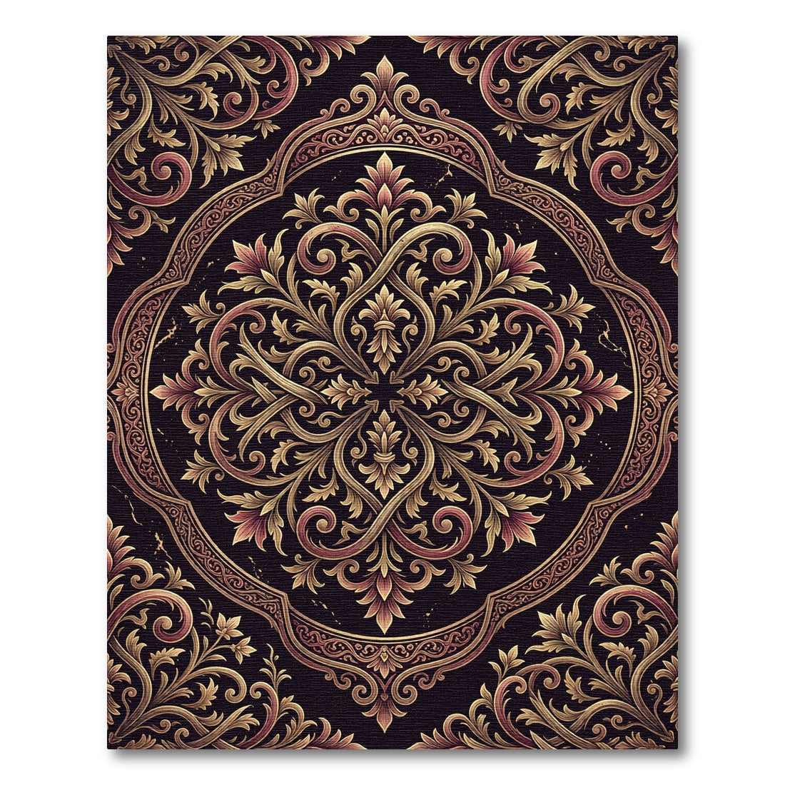 Gold Filigree Damask Dark Floral Medallion Rug