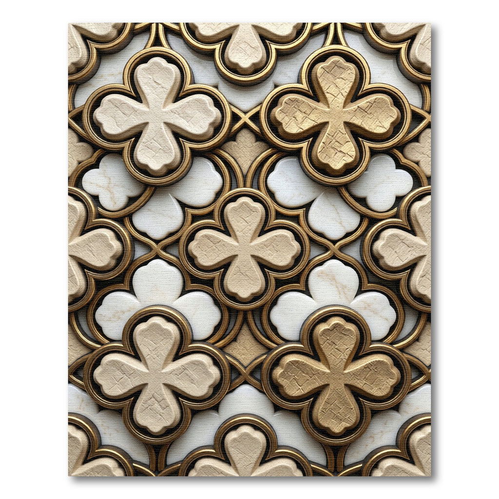 Gold Marble Quatrefoil Geometric Interlocking Rug