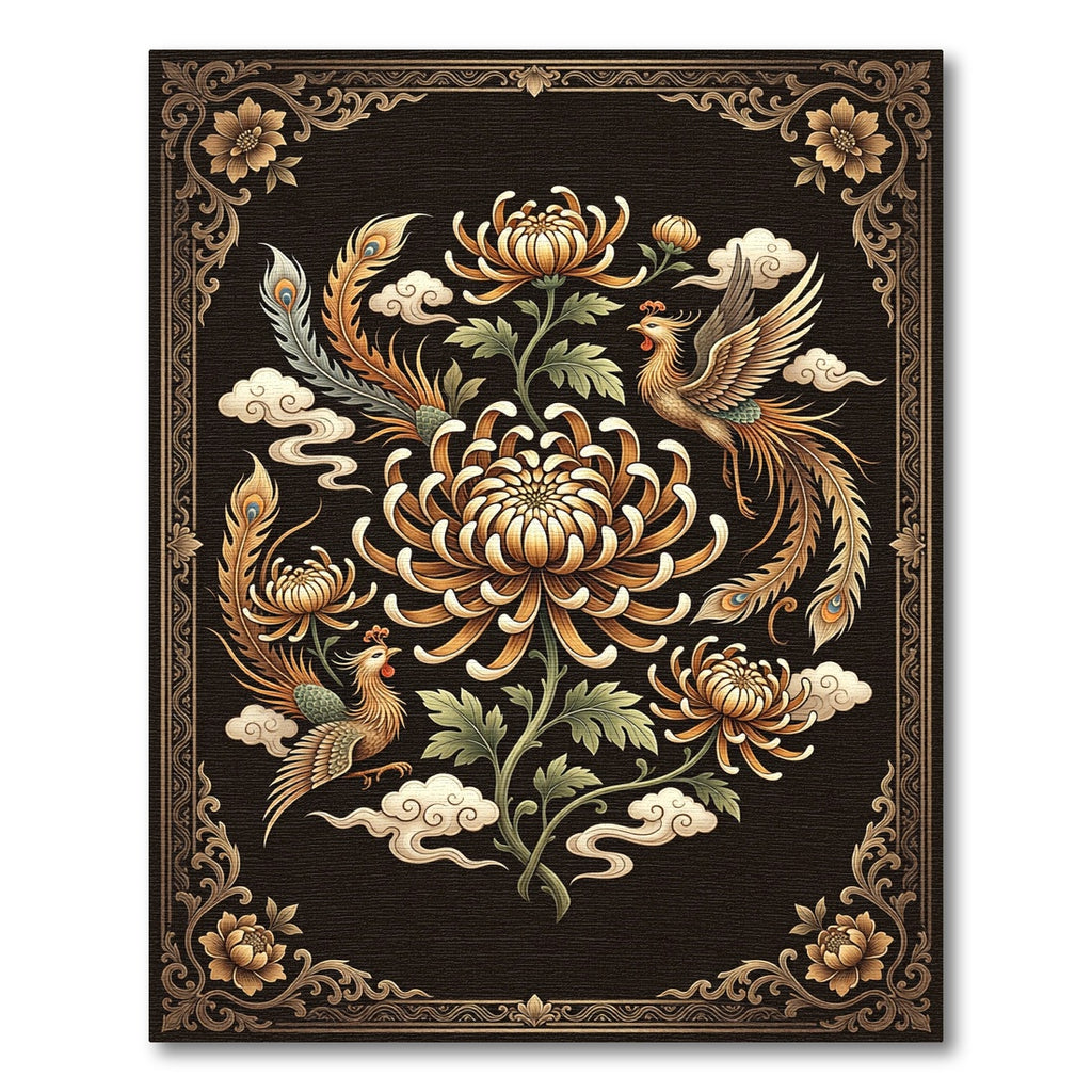 Golden Phoenix Chrysanthemum Floral Botanical Art Rug