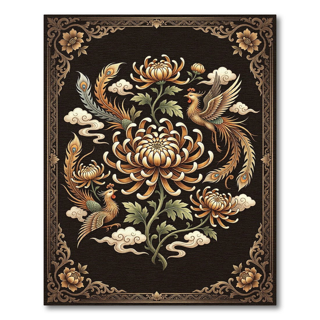 Golden Phoenix Chrysanthemum Floral Botanical Art Rug