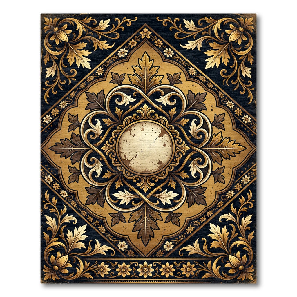 Ornate Golden Floral Filigree Medallion Rug