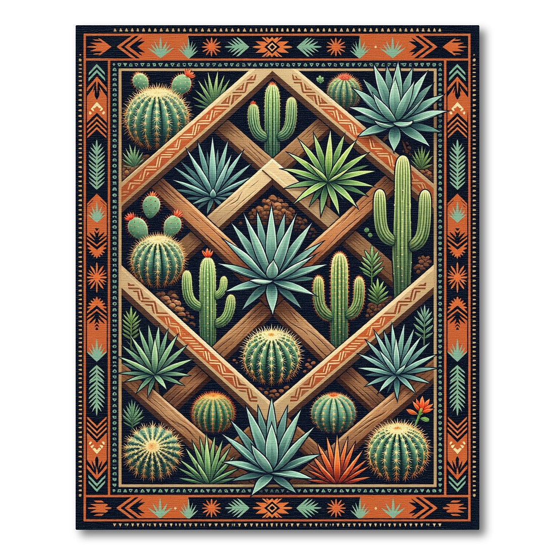 Southwestern Succulent Cactus Geometric Grid Rug