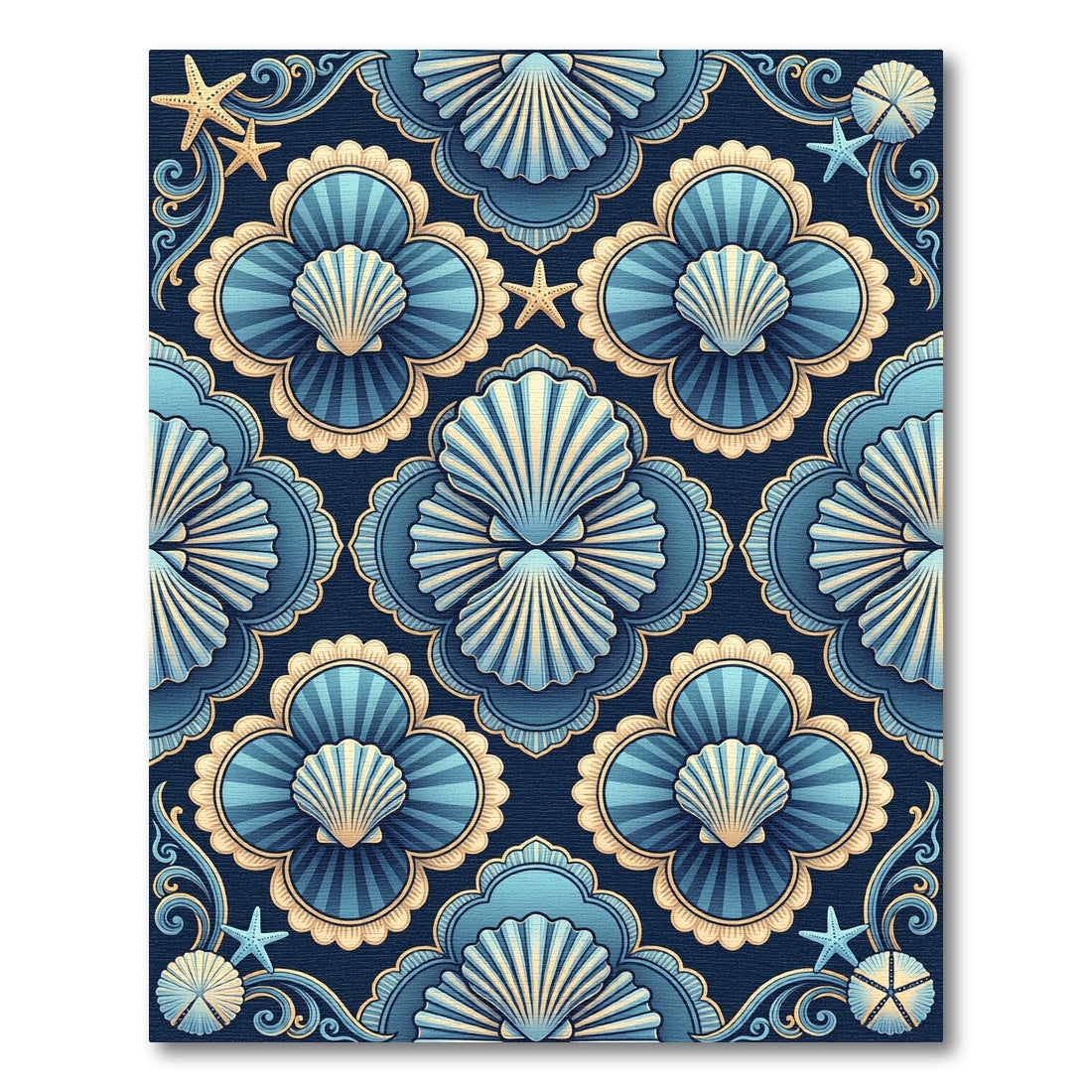 Elegant Navy Blue Shell Coastal Symmetry Rug