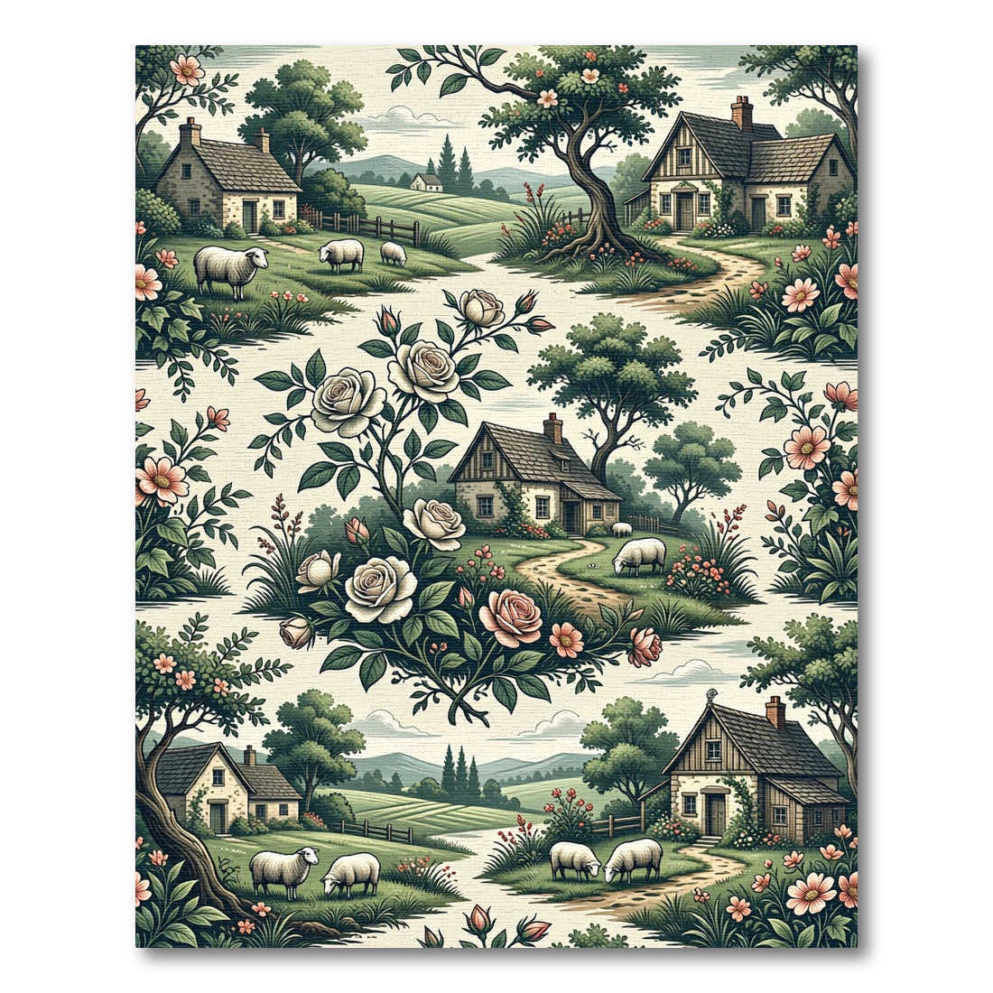 Pastoral Rose Cottage Landscape Scene Rug